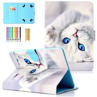 LittleMax 8 Inch Case, Lightweight Flip Folio Protective Cover PU Leather with Pencil Holder for All 8 Inch Pad or Phone - White Cat