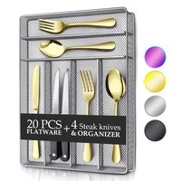 Teivio 24 Piece Silverware Set, Flatware Utensils Set Mirror Polished, Dishwasher Safe Service for 4, Include Knife/Fork/Spoon/Steak Knife/Wire Mesh Steel Cutlery Holder Storage Trays (Gold)