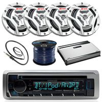 Kenwood KMR-D365BT Marine Boat Radio Stereo CD Player Receiver Bundle Combo With 4x JVC CS-DR6201MW 6.5" 2-Way Coaxial Speakers + 360-Watt Amplifier + Enrock Radio Antenna + 50 Foot 16g Speaker Wire