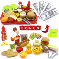 hallodo Burger Fast Food Pretend Play Food Set in Gift Box, Play Kitchen for Toddlers and Kids with Stackable Burger and Bonus Bank Notes, Hamburger Toy Set for Girls and Boys Ages 3, 4, 5, 6, 7