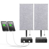 USB Table Lamp, Aooshine Bedside Table Lamps with 2 Useful USB Charging Ports, Solid Wood Nightstand Lamp with Grey Fabric Shade, Ambient Light Perfect for Bedroom, Living Room, Study Room (Pack of 2)