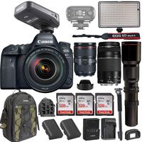 Canon EOS 6D Mark II DSLR w/Canon EF 24-105mm f/4L II USM, Canon EF 75-300mm Lens + RODELink Filmmaker Kit Wireless Omni Lavalier Microphone System + Professional Bi-Color LED Video Light & More