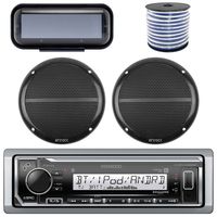 Kenwood Bluetooth Radio KMR-M315BT In-Dash Marine Audio Receiver Bundle Combo With Pair Of Enrock 6.5" Dual-Cone Stereo Speakers + Stereo Waterproof Cover + 18g 50FT Marine Speaker Wire (Black)
