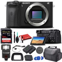 Sony Alpha a6100 Mirrorless Digital Camera (ILCE6100/B) with Flash, Extra Battery, 64GB Memory Card, Padded Bag, and More - Extra Battery Bundle