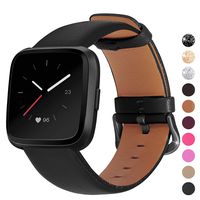 Mosstek Genuine Leather Bands Compatible with Fitbit Versa 2 & Versa 1 & Versa Lite & Versa Special, Genuine Leather Band Replacement Strap for Versa Women Men - Black