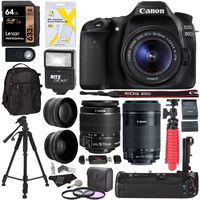 Canon EOS 80D Digital SLR Kit with EF-S 18-55mm f/3.5-5.6 Image Stabilization STM & Canon EF-S 55-250mm Lens + Polaroid .43x Super Wide Angle & 2.2X HD Telephoto Lens + Memory Cards + Accessory Bundle