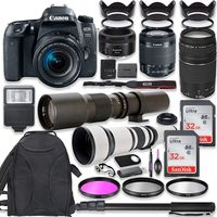 Canon EOS 77D DSLR Camera with 18-55mm Lens Bundle + Canon EF 75-300mm III Lens, Canon 50mm f/1.8, 500mm Lens & 650-1300mm Lens + Deluxe Backpack + 64GB Memory + Monopod + Professional Bundle