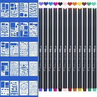 JARLINK Journal Planner Pens Stencil Kit, 12 Colored Fine Tip Drawing Pens and 20 Stencils Plastic Planner Bullet for Notebook Diary 4x7 inches DIY Drawing Templates (Grey)