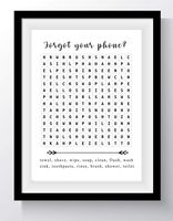 Funny Bathroom Word Search Puzzle Wall Art - 11x14 UNFRAMED Black and White Saying Decor Print. "Forget Your Phone?"