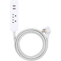 Cordinate Designer USB Charging Station Extension Cord, Power Strip Surge Protector, 2 Outlets, 2 USB Ports, Extra Long 10 Ft Cable with Flat Plug, Braided Cord, 2.4A Fast Charge, Gray/White, 41691 (Renewed)