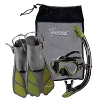 Seavenger Diving Dry Top Snorkel Set with Trek Fin, Single Lens Mask and Gear Bag, XS/XXS - Size 1 to 4 or Children 10-13, Gray/Black Silicon/Green