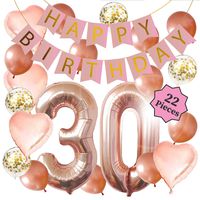 30th Birthday Decorations - Birthday Decorations: 40 Inch 30th Gold Balloons, Pink and Gold Happy Birthday Decorations for Women, Happy Birthday Banner, Confetti Balloons, Rose Gold Heart Balloons (22 Pieces)