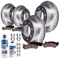 Detroit Axle - 8-LUG FRONT & REAR Drilled Slotted Brake Rotors Ceramic Pads w/Hardware, Fluid & Cleaner for 2001-2010 Silverado/Sierra 2500HD - [2007-2010 Silverado/Sierra 3500HD Single Rear Wheel]