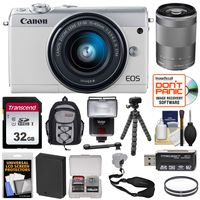 Canon EOS M100 Wi-Fi Digital ILC Camera & EF-M 15-45mm & 55-200mm is STM Lens (White) with 32GB Card + Battery + Backpack + Filters + Flex Tripod + Strap + Flash + Kit