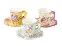 Talking Tables TS6-CUPSET-VINTAGE Truly Scrumptious Party Vintage Floral Tea Cups and Saucer Sets, Pack of 12, Height 8cm, 3", Mixed colors