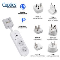 Travel Power Strip by Ceptics - Small & Compact - Surge Protector - Grounded USB + Type C - 2 USA Outlets Input - Plugs for Europe, Asia, China, USA, South America (Renewed)