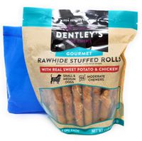 Dentley's Rawhide Stuffed Rolls Dog Treats and Tesadorz Resealable Bags (Sweet Potato & Chicken, 25 Count)