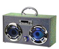 Mini Boombox with LED Speakers -Retro Bluetooth Speaker w/Enhanced FM Radio - Perfect for Home and Outdoor (Iridescent Bling)