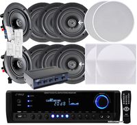 Pyle KTHSP390SVC 4 Pairs of 150W 5.25" In-Wall / In-Ceiling Stereo White Speakers w/ 300W Digital Home Stereo Receiver w/ USB/SD/AUX Input, Remote w/ 4 Channel High Power Stereo Speaker Selector & 4 Volume Controls