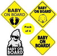 Baby On Board Sticker Signs for Cars (Waterproof, Sunproof) - 4 Variety Pack, Approx. 4"-5" - Bright Yellow Best Safety Signs, Durable and Strong Adhesive, Premium Long Lasting Vinyl Material