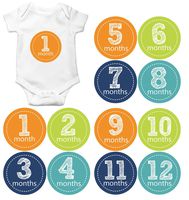 Gift Set of 12 Round Keepsake Photography Monthly Baby Stickers with Chalk Numbers in Orange, Green, Navy and Aqua MOSB7002