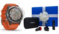 Garmin Fenix 6 Sapphire (Titanium with Orange Band) Beat Yesterday Gift Box Bundle | +HD Screen Protectors, PlayBetter Portable Charger, Car/Wall Adapters & Protective Case | Multisport Fitness Watch