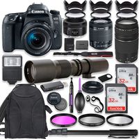 Canon EOS 77D DSLR Camera with 18-55mm Lens Bundle + Canon EF 75-300mm III Lens, Canon 50mm f/1.8 and 500mm Preset Lens + Deluxe Backpack + 64GB Memory + Monopod + Professional Bundle