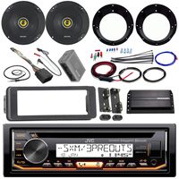 JVC KDR99MBS Stereo CD Receiver Bundle + 2 Kicker 6.5" Speaker + Motorcycle Speaker Adapters + 200 Watt Amplifier + Amp Wiring Kit + Dash Trim Kit + 98-13 Harley Handle Bar Conroller + Enrock Antenna