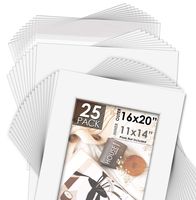 Mat Board Center, Acid-Free Pre-Cut 16x20 White Picture Mat Set. Includes a Pack of 25 White Core Bevel Cut Mattes for 11x14 Photos, Backers & Clear Bags