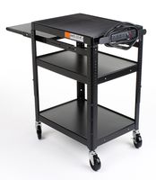 Displays2go Media Cart with Extendable Tray, Height-Adjustable Shelf, Anti-Slip Pad, 4 Wheels, 4 Outlet Surge Protector, 23 x 43 x 17 Inches, Black Powder-Coated Steel (LMC3S1PB2)