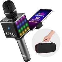 Portable Wireless Bluetooth Karaoke Microphone - KTV Machine with Speaker, LED Lights and Bonus Phone Holder Perfect for Pop, Rock n Roll, Solo Parties and More (H8 2.0 Gray)