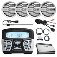 Hifonics Marine Bluetooth AM/FM Gauge Mount Radio Receiver, 4X MB Quart 6.5" 120W 2-Way Boat Speakers, 4-Channel Nautical Amplifier, AMP Installation Kit, AM/FM Black Antenna, USB AUX Interface Mount