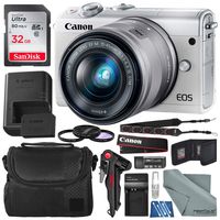 Canon EOS M100 Mirrorless Camera w/ 15-45mm Lens (White) + 32GB + Charger + Basic Xpix Accessory Bundle