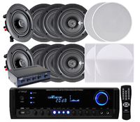 Pyle KTHSP690S 4 Pairs of 200W 6.5" In-Wall / In-Ceiling Stereo White Speakers w/ 300W Digital Home Stereo Receiver w/ USB/SD/AUX Input, Remote w/ 4 Channel High Power Stereo Speaker Selector