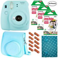 Fujifilm Instax Mini 9 (Ice Blue), 3X Instax Film (60 Sheets), Groovy Case, Accordion Album and Hanging Pegs