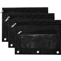 TecUnite 3-Ring Pen Pencil Pouch Zipper Pencil Case with Mesh Window for Office Supplies, Black (3)