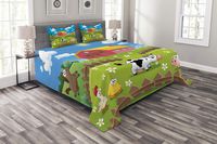Lunarable Cartoon Bedspread, Farm with Cow Fox Chicken Pig Horse in The Fences Countryside Rural Children Design, Decorative Quilted 3 Piece Coverlet Set with 2 Pillow Shams, King Size, Dark Pink