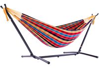 Vivere Double Cotton Hammock with Space Saving Steel Stand, Paradise (450 lb Capacity-Premium Carry Bag Included)