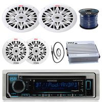 Kenwood KMRD372BT Marine Boat Audio Bluetooth CD Player Receiver - Bundle Combo with 2X 6.5 and 2X 6X9 Water Resistant White Full Range Speakers + Enrock Antenna + 400W Amplifier + 50-FT 16g Wire