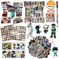 WerNerk My Hero Academia Gift Set, 73PCS Anime Cartoon Laptop Stickers+Postcard+Keychain+Button Pin+Pen+Adhesive Tape+Sticker+Crystal Card Sticker+Poster(130PCS)