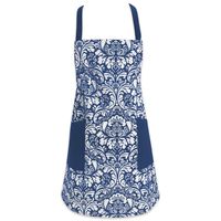 DII Cotton Adjusatble Women Kitchen Apron with Pockets and Extra Long Ties, 37.5 x 29", Cute Apron for Cooking, Baking, Gardening, Crafting, BBQ-Damask Nautical Blue