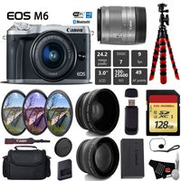 Canon EOS M6 Mirrorless Digital Camera (Silver) with EF-M 15-45mm is STM Lens + UV FLD CPL Filter Kit + Wide Angle & Telephoto Lens + Camera Case + Tripod + Card Reader - International Version