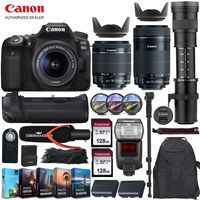 Canon EOS 90D DSLR Camera with Canon 18-55mm STM Lens + Canon 55-250mm STM & 420-800mm Telephoto Preset Zoom Lens + Travel & Video Bundle (TTL Flash, Commander Microphone and More)