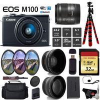 Canon EOS M100 Mirrorless Digital Camera (Black) with 15-45mm Lens + UV FLD CPL Filter Kit + Wide Angle & Telephoto Lens + Camera Case + Tripod + Card Reader - International Version