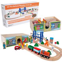 Orbrium Toys 52 Pcs Deluxe Wooden Train Set with 3 Destinations Fits Thomas, Brio, Chuggington, Melissa and Doug, Imaginarium Wooden Train