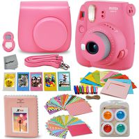 Fujifilm Instax Mini 9 Instant Fuji Camera (Flamingo Pink) + Accessories Bundle + Custom Matching Case w/Neck Strap + Photo Album + Assorted Frames + 4 Color Filters + 60 Sticker Frames + More