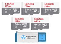 SanDisk Ultra 64GB microSDXC Memory Card (5 Pack Bundle) 80MB/s UHS-I Class 10 SDSQUNS-064G-GN3MN with (1) Everything But Stromboli (TM) 3.0 SD/TF Micro Card Reader