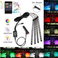 Car LED Strip Lights, 4pcs 48 LEDS Interior Car Lights, Multicolor Music Under Dash Lighting Kit with Sound Active Function and Wireless Remote Control, Car Charger Included, DC 12V