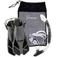 Seavenger Diving Dry Top Snorkel Set with Trek Fin, Single Lens Mask and Gear Bag, L/XL - Size 9 to 13, Gray/Black
