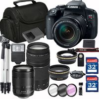 Canon EOS Rebel T7i Digital SLR Camera + 18-135mm USM + Canon 75-300mm III Lens + SD Card Reader + 64GB Memory + Remote + Spare Battery + Accessory Bundle - International Version